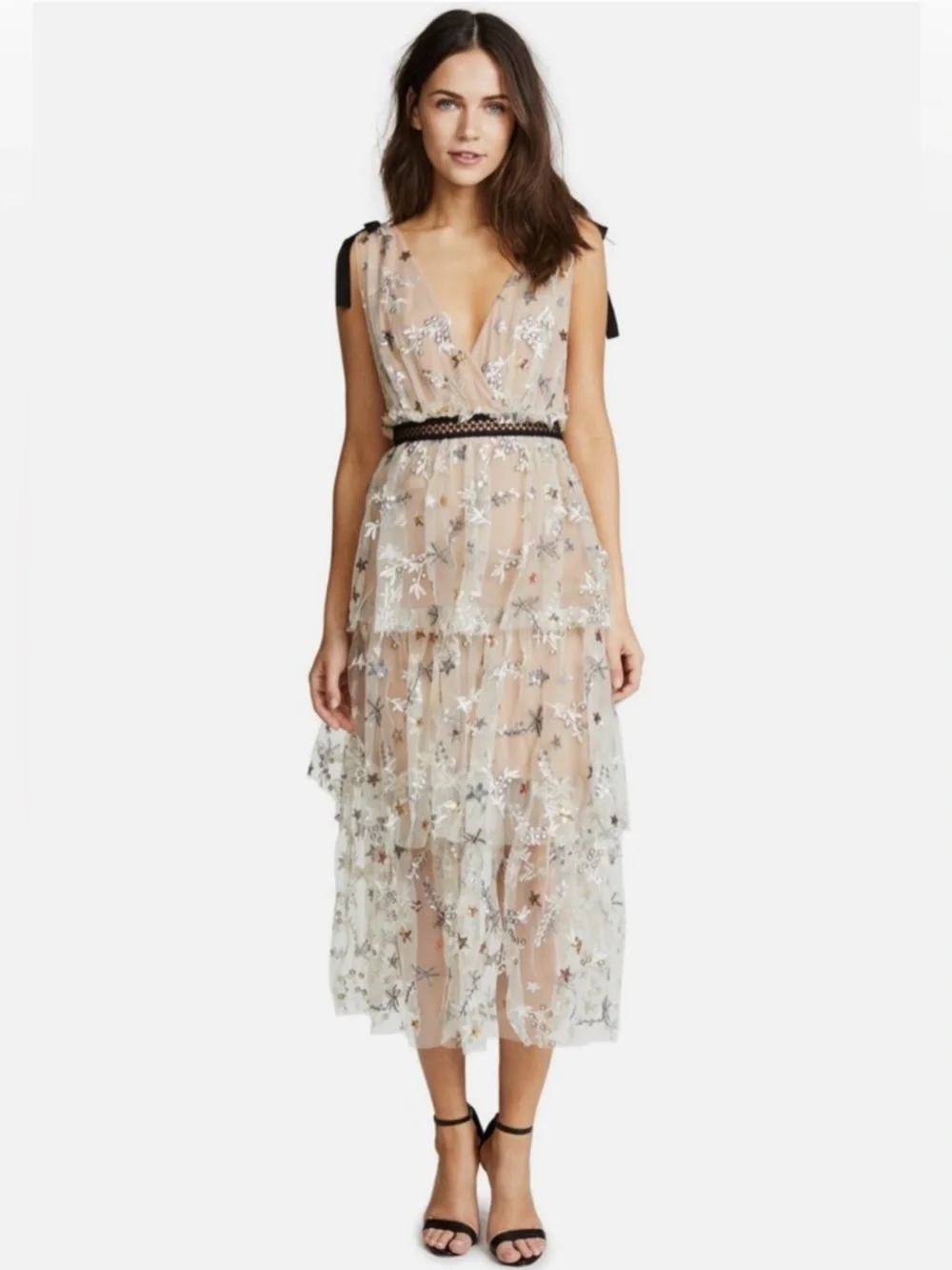 Sheer Star-Embellished Midi Dress in Nude with Black Trim 2 - Picture 4 of 16